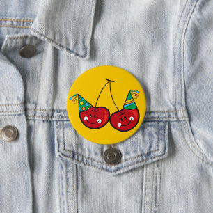 Cartoon Red Cheeky Cherries with Party Hats Button
