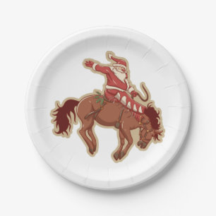 Cartoon red santa claus ryding on horse paper plate