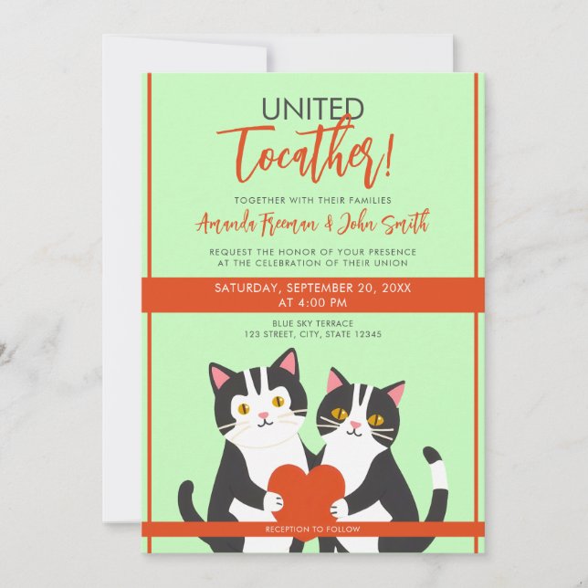 Cartoon Red & White Cute Cats and Heart Wedding Invitation (Front)