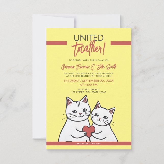 Cartoon Red & White Whimsical Cats Wedding Invitation (Front)