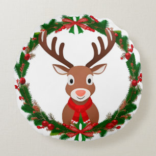 Cartoon Reindeer by Festive Christmas Wreath Round Cushion