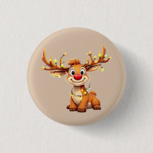 Cartoon reindeer with red nose and lights 3 cm round badge