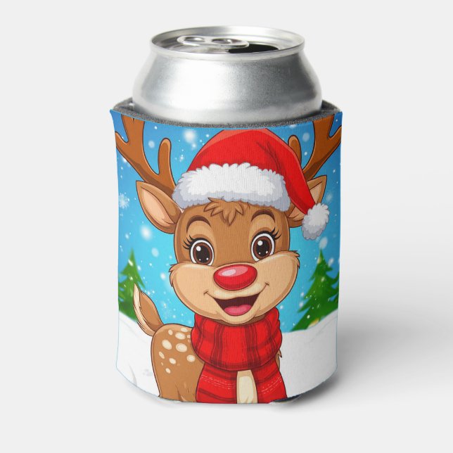 Cartoon Reindeer With Santa Hat Can Cooler (Can Back)