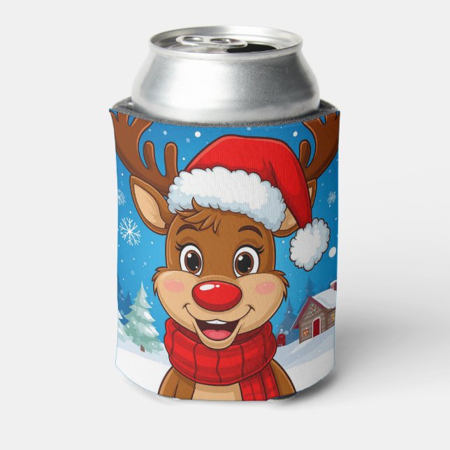 Cartoon Reindeer With Santa Hat Can Cooler (Can Back)