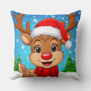 Cartoon Reindeer With Santa Hat Cushion
