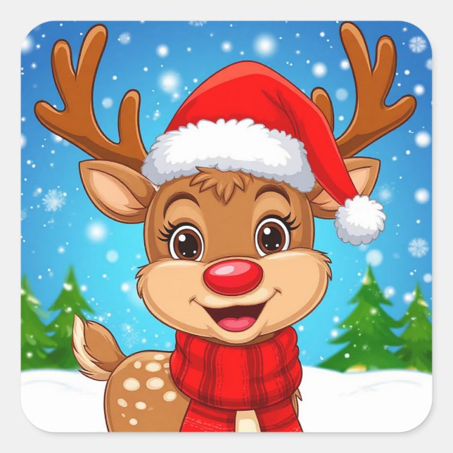 Cartoon Reindeer With Santa Hat Square Sticker (Front)