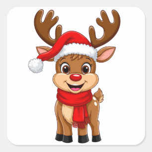 Cartoon Reindeer With Santa Hat  Square Sticker