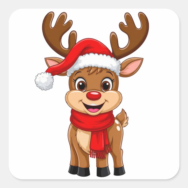 Cartoon Reindeer With Santa Hat  Square Sticker (Front)