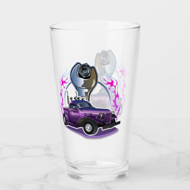 Cartoon retro hot rod glass (Front)