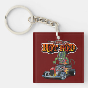 Cartoon retro hot rod key ring