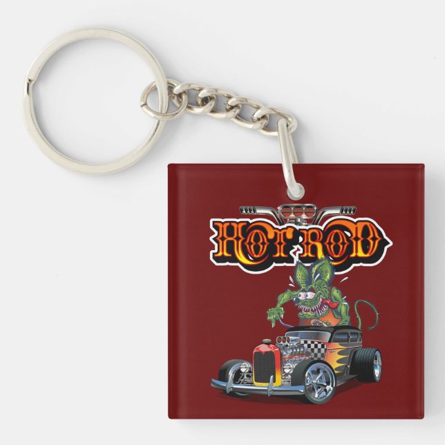Cartoon retro hot rod key ring (Front)