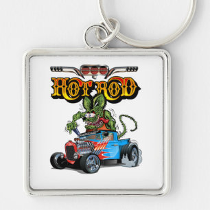 Cartoon retro hot rod key ring