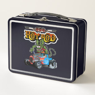 Cartoon retro hot rod metal lunch box