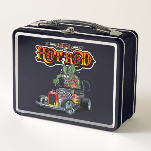 Cartoon retro hot rod metal lunch box