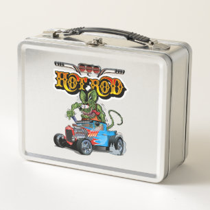 Cartoon retro hot rod metal lunch box
