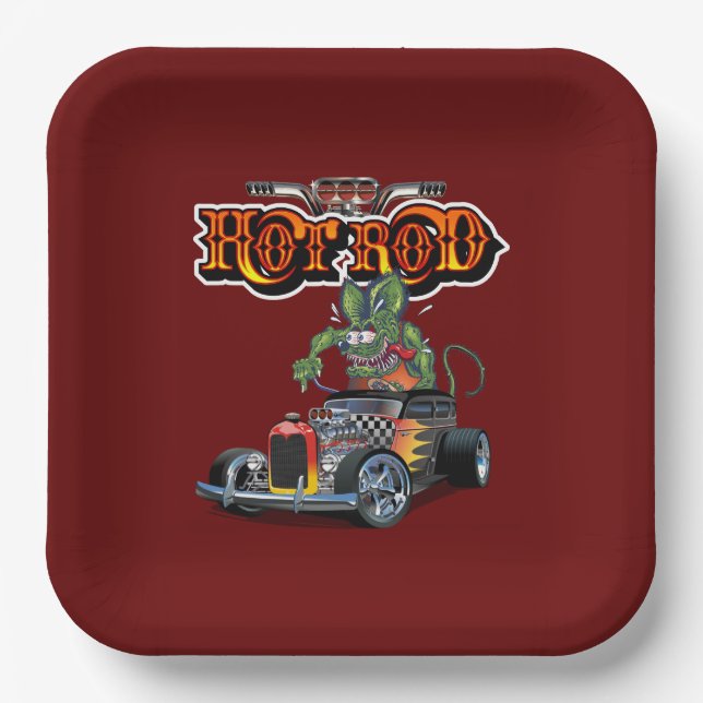 Cartoon retro hot rod paper plate (Front)