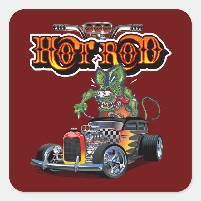 Cartoon retro hot rod square sticker (Front)