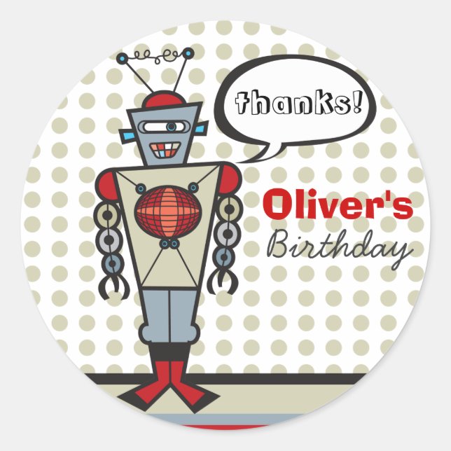 Cartoon Retro Robot Cute Kids Boy Birthday Party Classic Round Sticker (Front)