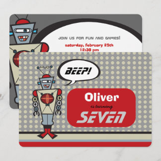 Cartoon Retro Robot Cute Kids Boy Birthday Party Invitation