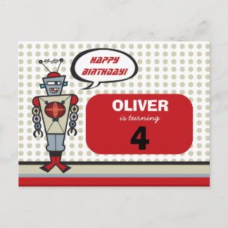 Cartoon Retro Robot Cute Kids Boy Birthday Party Invitation Postcard