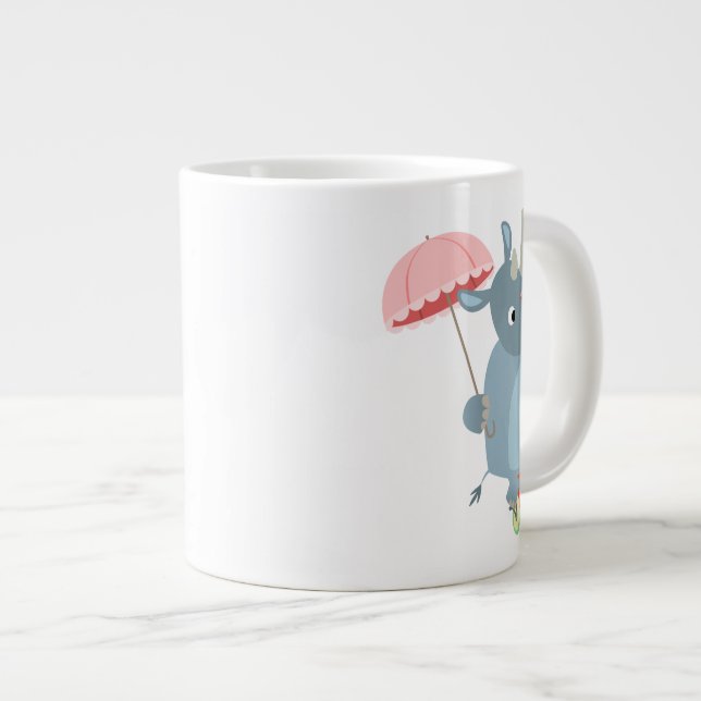 Cartoon Rhino with Umbrella on Unicycle Jumbo Mug (Front Right)
