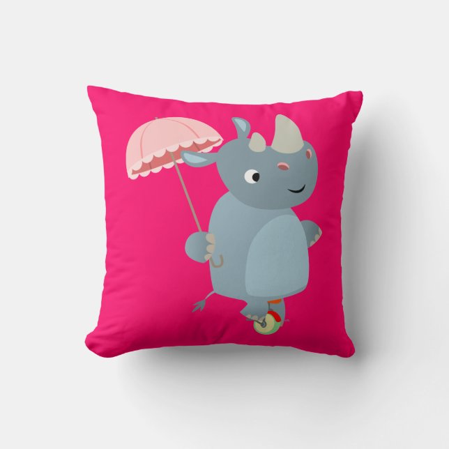 Cartoon Rhino With Umbrella on Unicycle Pillow (Front)