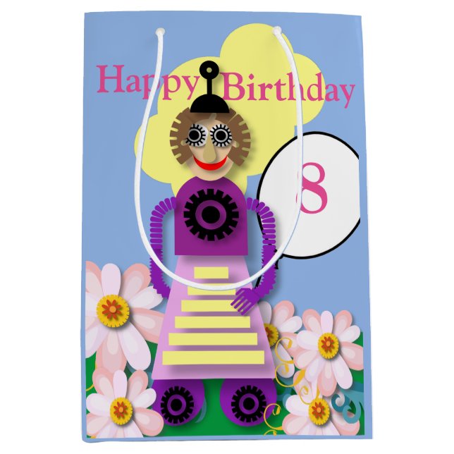 Cartoon Robot Editable Children’s Birthday   Medium Gift Bag (Front)
