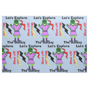 Cartoon Robot Girl Alien Blast Off Blue Fabric