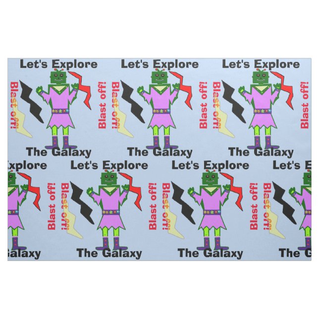 Cartoon Robot Girl Alien Blast Off Blue Fabric (Fat Quarter)