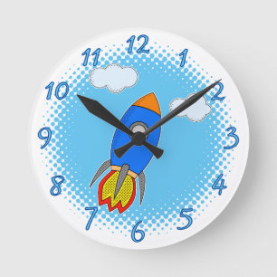 Cartoon Rocket In Blue Sky Halftones Round Clock