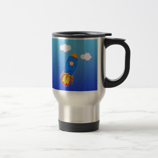 Cartoon Rocket In Blue Sky With Distressed Effect Travel Mug (Right)