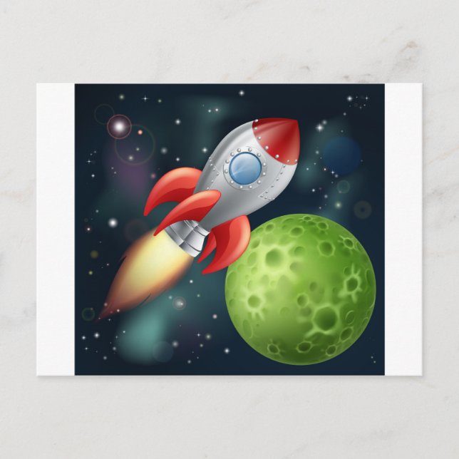Cartoon rocket in space postcard (Front)