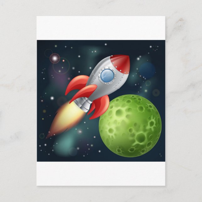 Cartoon rocket in space postcard (Front)