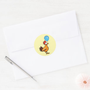 Cartoon Rooster Holding Blue Balloon Classic Round Sticker