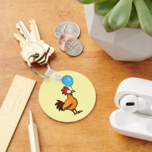 Cartoon Rooster Holding Blue Balloon Key Ring