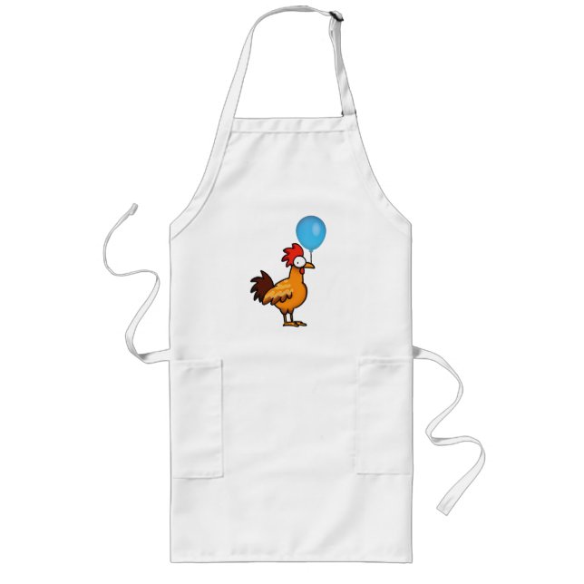 Cartoon Rooster Holding Blue Balloon Long Apron (Front)
