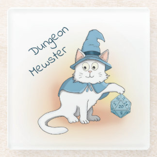 Cartoon RPG Wizard Cat with Dice Glass Coaster