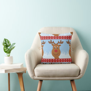 Cartoon Rudolph the Reindeer Reversible Red Cushion