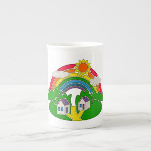 Cartoon rural scene with rainbow and country house bone china mug