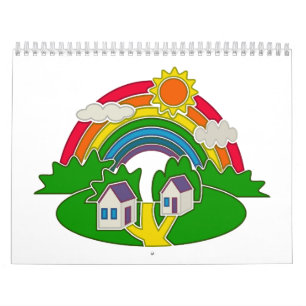 Cartoon rural scene with rainbow and country house calendar