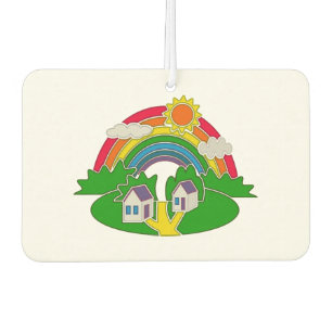 Cartoon rural scene with rainbow and country house car air freshener
