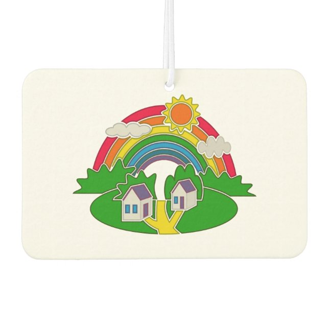 Cartoon rural scene with rainbow and country house car air freshener (Front)
