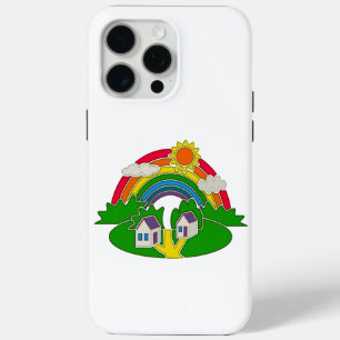 Cartoon rural scene with rainbow and country house iPhone 15 pro max case