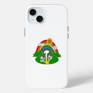Cartoon rural scene with rainbow and country house iPhone 15 mini case