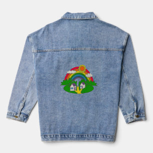 Cartoon rural scene with rainbow and country house denim jacket
