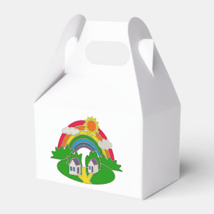 Cartoon rural scene with rainbow and country house favour box