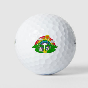 Cartoon rural scene with rainbow and country house golf balls