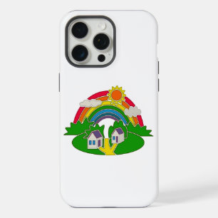 Cartoon rural scene with rainbow and country house iPhone 15 pro max case