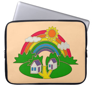 Cartoon rural scene with rainbow and country house laptop sleeve