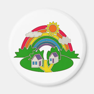 Cartoon rural scene with rainbow and country house magnet